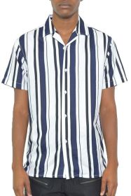 MENS SHORT SLEEVE STRIPED BUTTON DOWN SHIRT PRINT (Color: WHITE NAVY, size: 2XL)