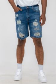 Distressed Stretch Denim Shorts (Color: Blue, size: 40)